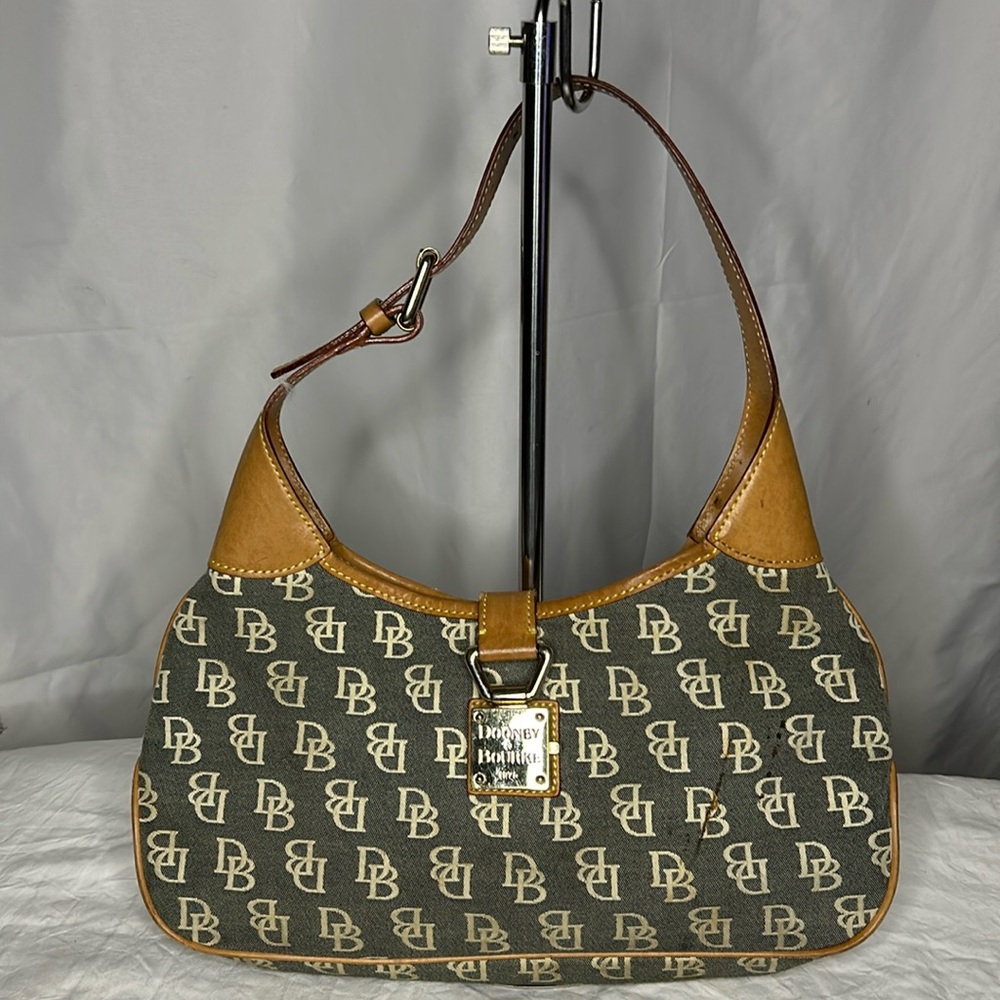 DOONEY & BOURKE tan & cream monogram signature leather trim mini hobo handbag
